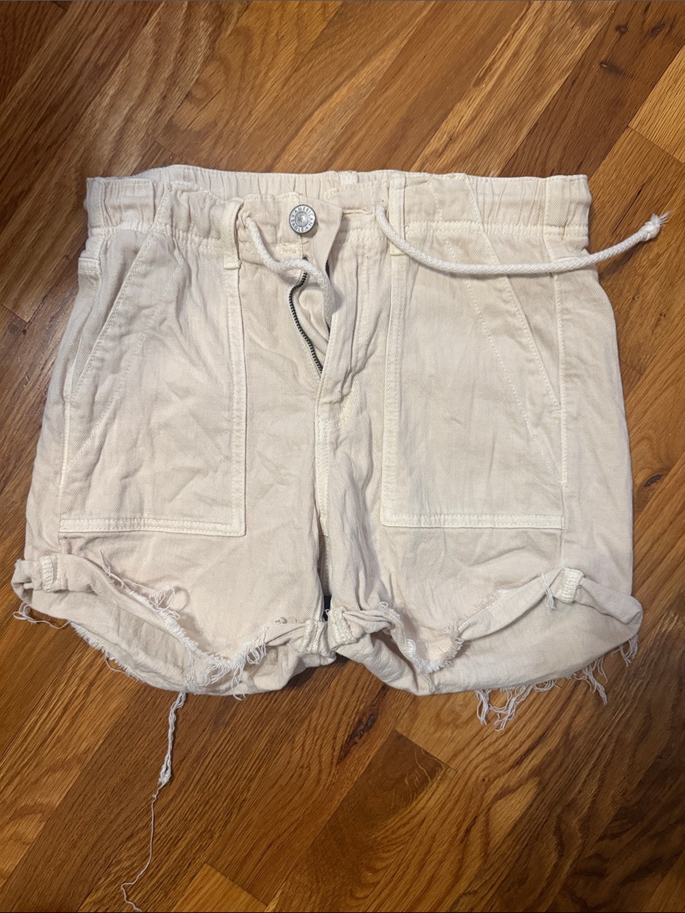 American Eagle Outfitters Cream High-Waist Drawstring Shorts